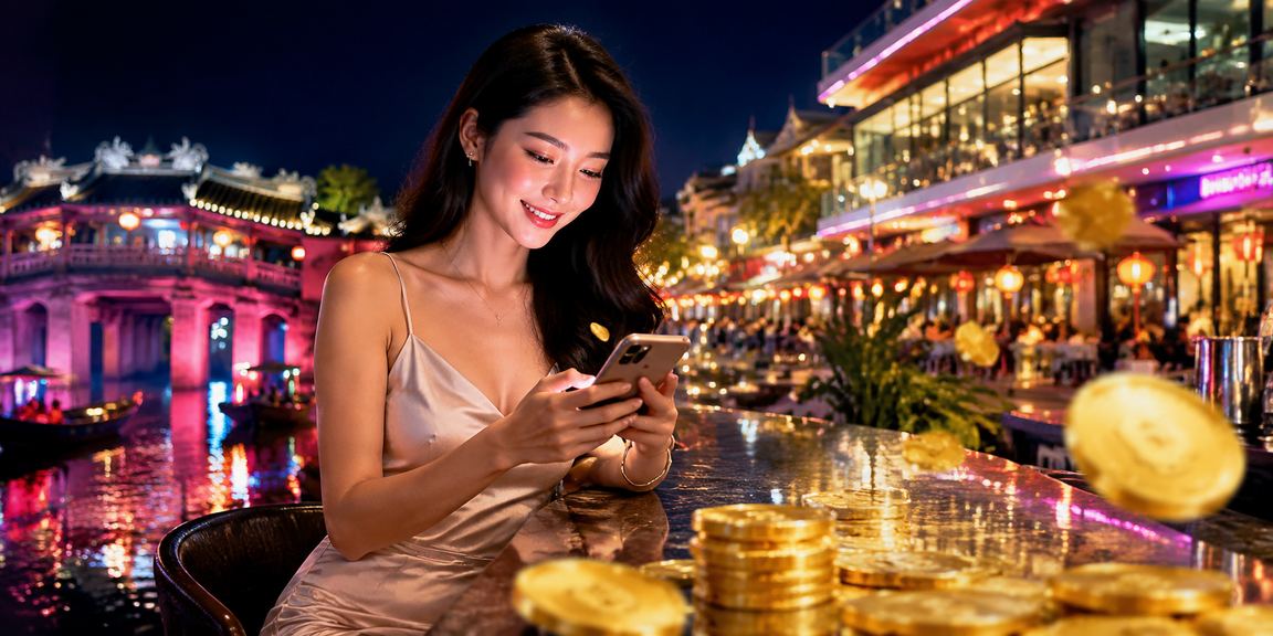 Người dùng chơi slot game tại chợ đêm Hội An qua vi68
